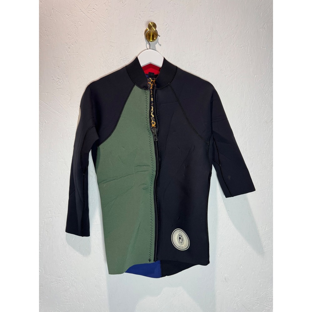 Jonesea Handcrafted Wetsuit Top Mens Large Black Green Leopard Print Zip Front
